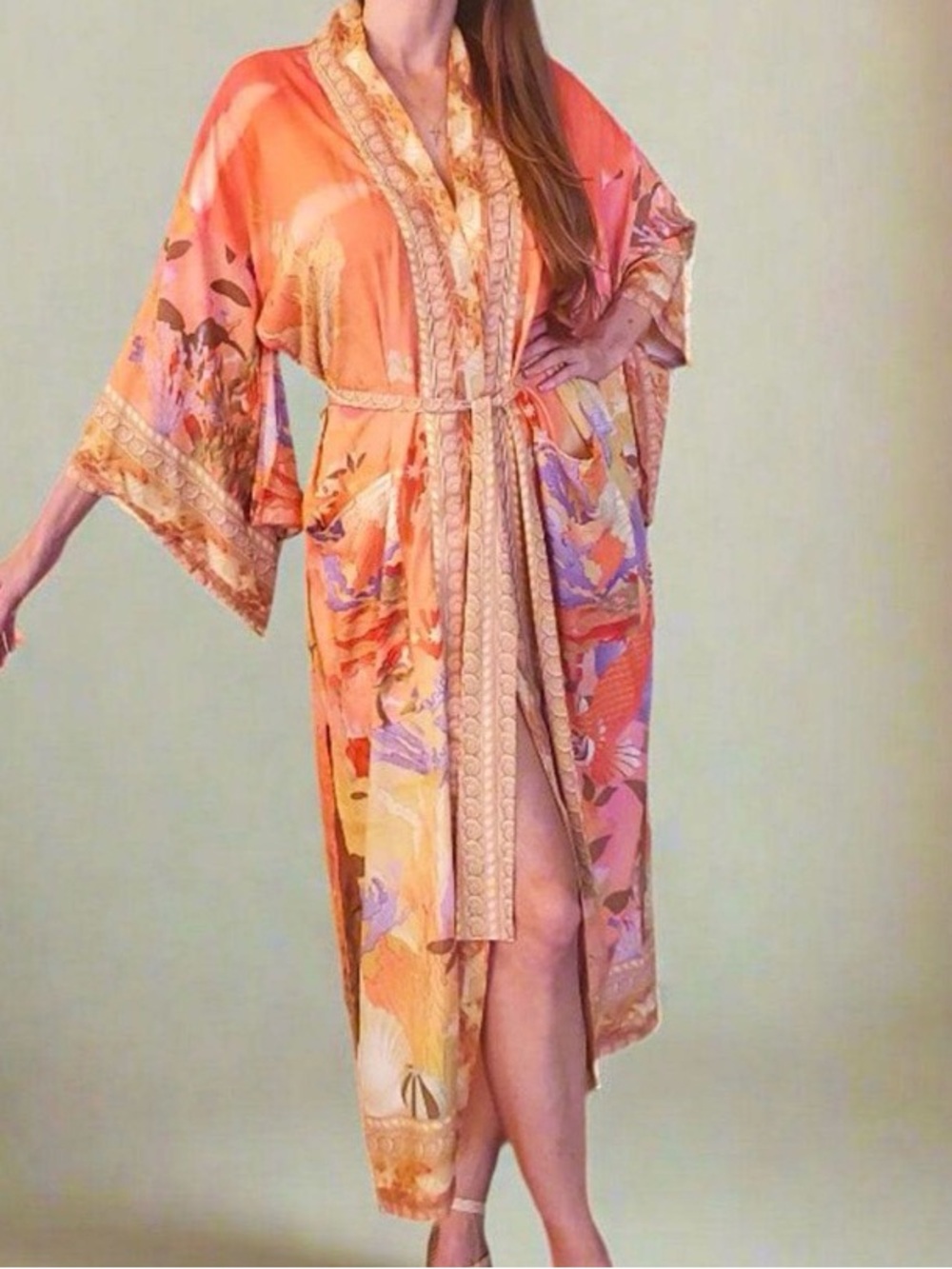 orange bohemian-style kimono features a mermaid print on the back and koi fish - Picture 2 of 9